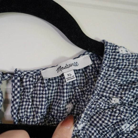Madewell Floral Embroidered Gingham Shirred Short Puff Sleeve Blouse Top Size XL - Picture 6 of 11